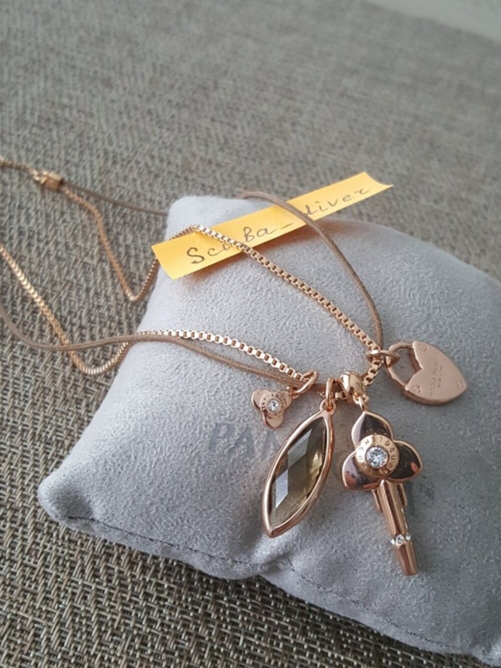 Henri Bendel Rose Gold Multi-Charm Pendant Necklace – Key, Gem & Heart Padlock